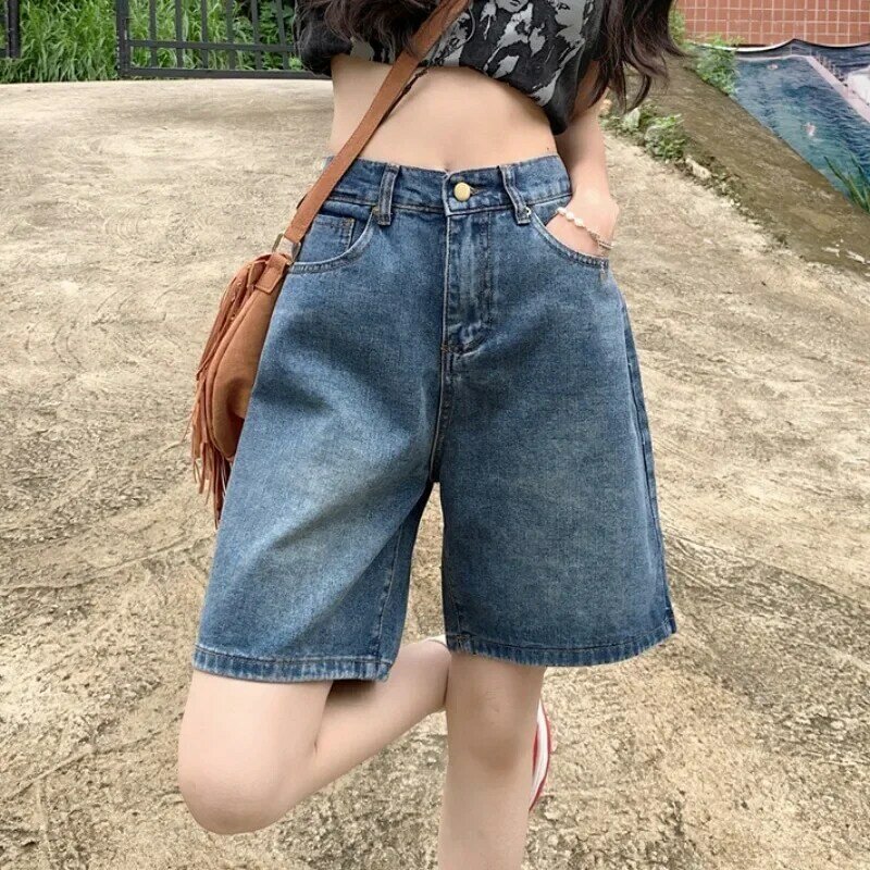 Y2k Baggy Shorts Hosen Frauen Sommer Vintage blau weites Bein Denim kurze koreanische Mode lässig weibliche knielange Jeans Mujer