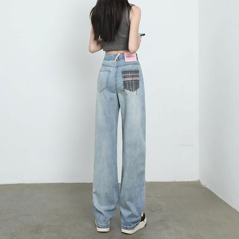 Pantalones rectos de mezclilla para mujer, pantalones largos de pierna ancha, bolsillos de cintura alta, diseño de flecos bordados, sentido de nicho, color de choque