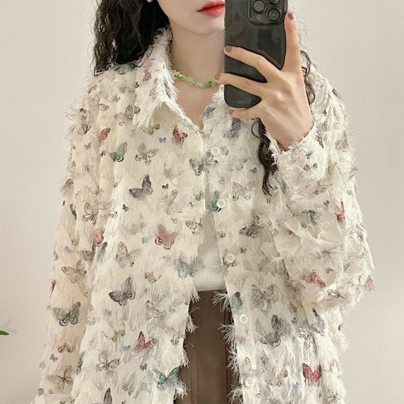 2024 Spring Printed Butterfly Long Sleeved Shirt With Fashionable Tassel Design For Women's Shirts