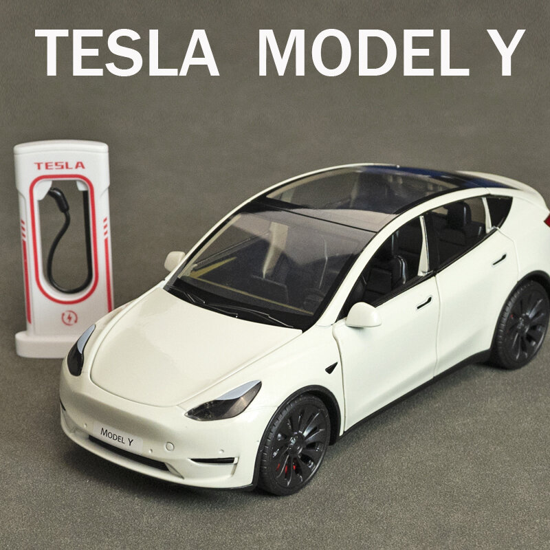 Tesla Model Y Model 3 Model S Alloy Die Cast Toy Car, infantil som e luz, colecionáveis, presente de aniversário, 1:24