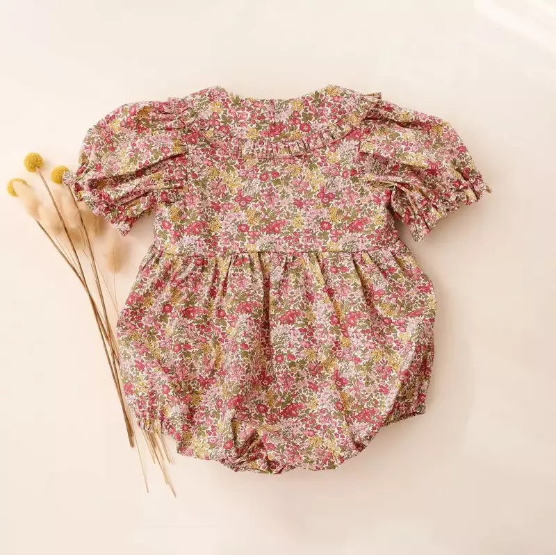 رومبير قطني بأكمام قصيرة للفتيات الصغيرات ، تصميم زهور ، صيفي