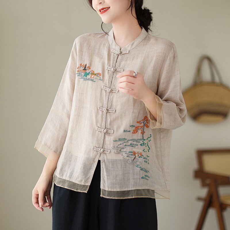 Camisa casual bordada vintage estilo chinês feminino, solto e confortável básico feminino, camisa de verão, nova chegada, 2022, B3709