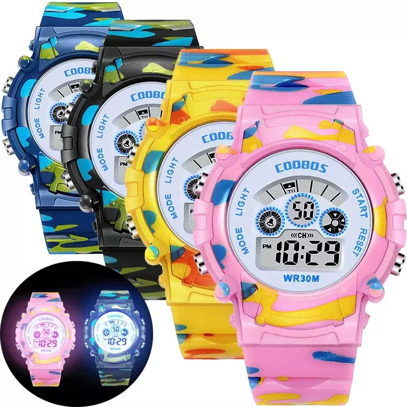 Kleurrijke Flash Digitale Horloge Voor Jongens Meisjes Camouflage Led Lichtgevende Kinderen Sport Horloges Waterdicht Elektronische Kinderen Klok
