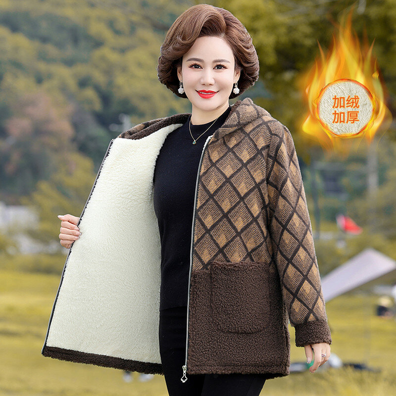 여성용 겨울 파카 격자 무늬 패치워크 두꺼운 따뜻한 재킷, 중년 어머니 코튼 패딩 코트, 긴 오버코트, 아우터, 고품질