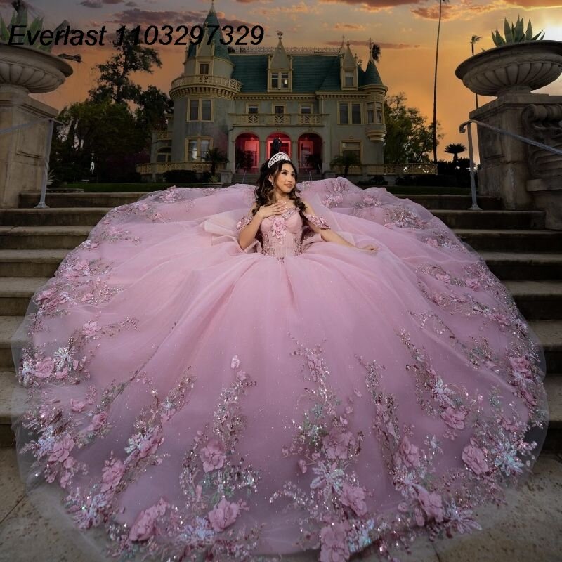 EVLAST Meksiko gaun dansa gaun Quinceanera berkilau merah muda 3D Applique bunga manik-manik kristal Tulle manis 15 Vestido De 15 Anos TQD581