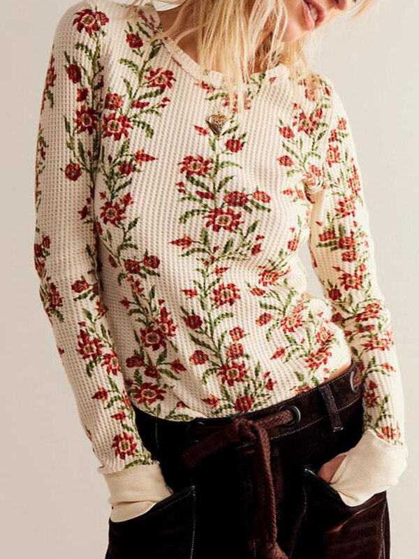 ZJLJAYCHOU-T-shirt à manches longues pour femmes, col rond, coupe couvertes, t-shirt basique sexy, imprimé floral