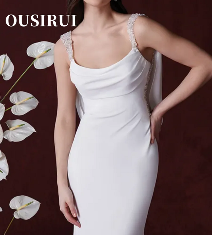 فستان زفاف مطبوع عليه ذيل السمكة من OUSIRUI للنساء ، فستان وصيفة العروس بسيط ، مربع ساتان مكشكش بظهر مكشوف ، موضة