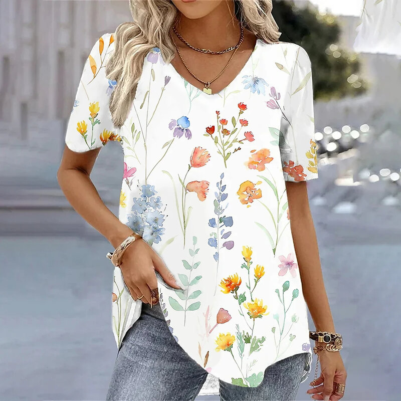 Camiseta kawaii com decote em v feminina, roupa feminina, camiseta grande, estampa de flores 3D, tops brancos, moda, verão, 2022