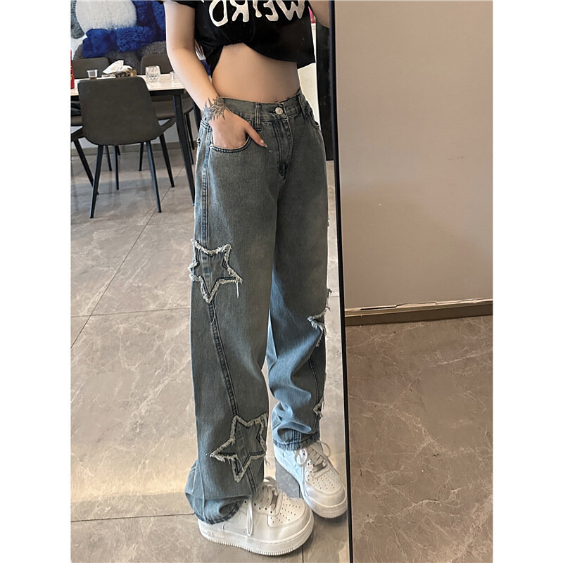 Hip-hop Blue Jeans Female Spring and Autumn New Korean Fashion Streetwear Straight Wide-leg Pants Baggy Jeans Women Clothing