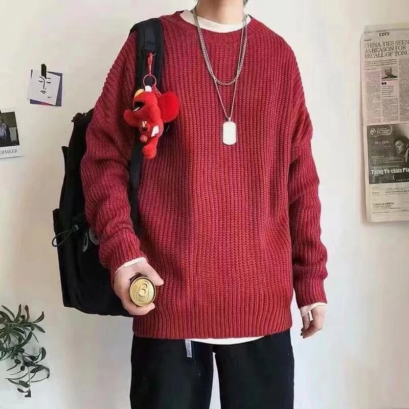 Свитер мужской однотонный шерстяной, приталенный силуэт, модная уличная одежда в Корейском стиле, вязаный пуловер, осень
