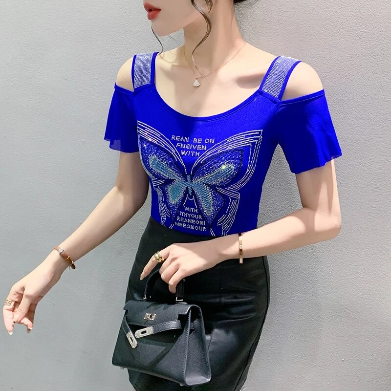 M-3XL 사이즈 여성 패션 나비 레터 샤이니 다이아몬드 티셔츠 디자인, 섹시한 오프숄더 블라우스, 여름 숙녀 티 탑
