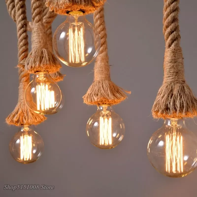 Lámparas de cáñamo que se cuelgan de una cuerda, luminarias vintage y retro para loft sala de estar o cocina, para decorar
