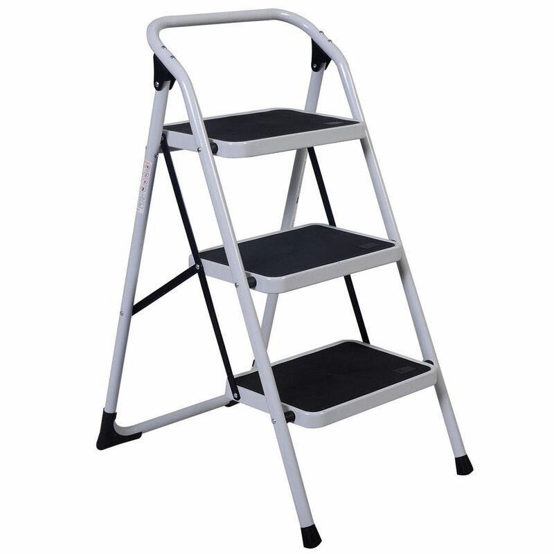 Escalera de hierro para uso doméstico, barandilla corta de 3 escalones, color blanco y negro
