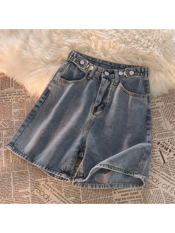 Vintage damskie niebieskie spodnie jeansowe lato wysoki stan szeroki szorty do kolan Harajuku koreański styl luźny krótkie spodenki dżinsowe na co dzień