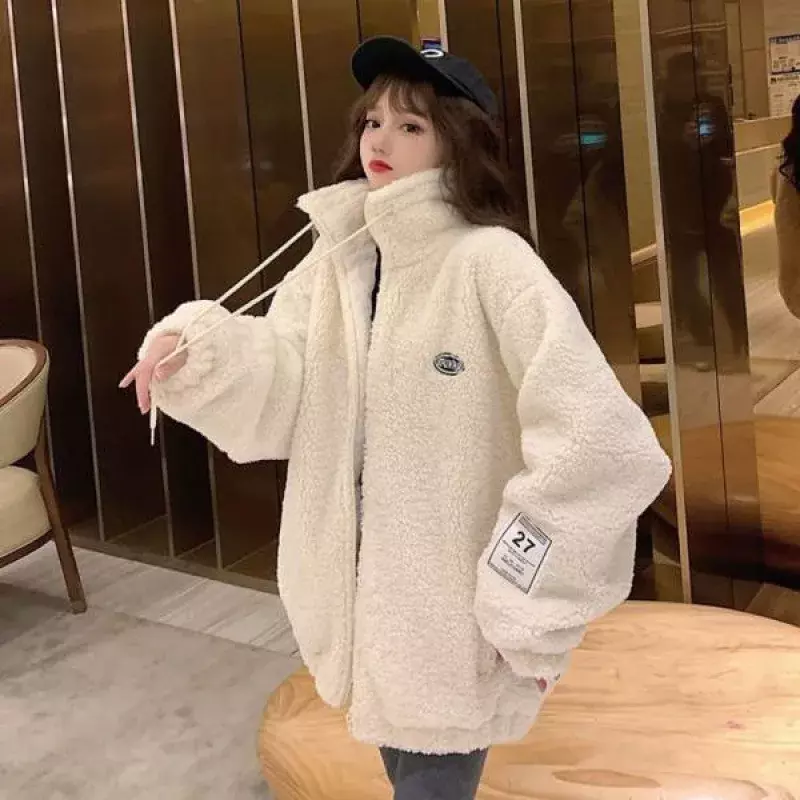 Plus Size Candy Colour Long Fluffy Womens Faux Lamb's Wool Loose Zipper Section Coat Japanese Winter Padded Top Womens