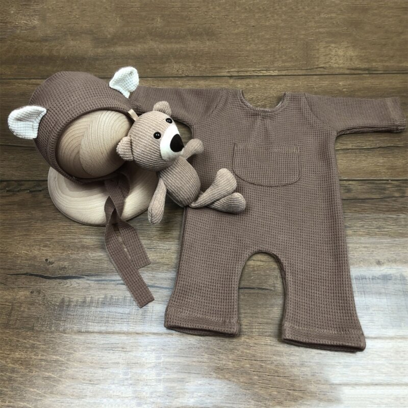 Y1UB accesorios fotografía recién nacido, trajes para niños y niñas, sombrero oso, pelele con muñeca, juguete, regalo y
