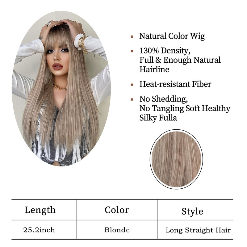 Nicky Wall Long Straight Hair Blonde Wig with Bangs Women Natural Brown on Top Synthetic Wigs Heat Resistant Party Daily Use
