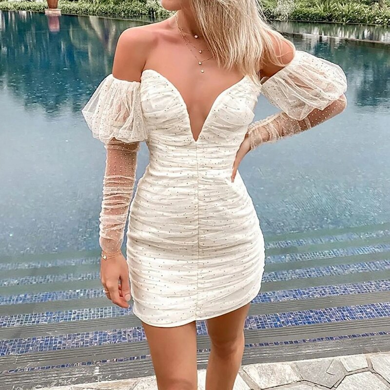 Women's Formal Dresses Sexy Off Shoulder Deep V Neck Long Mesh Sleeve Glitter Sparkly Sequin White Dress Fashion Party Dress