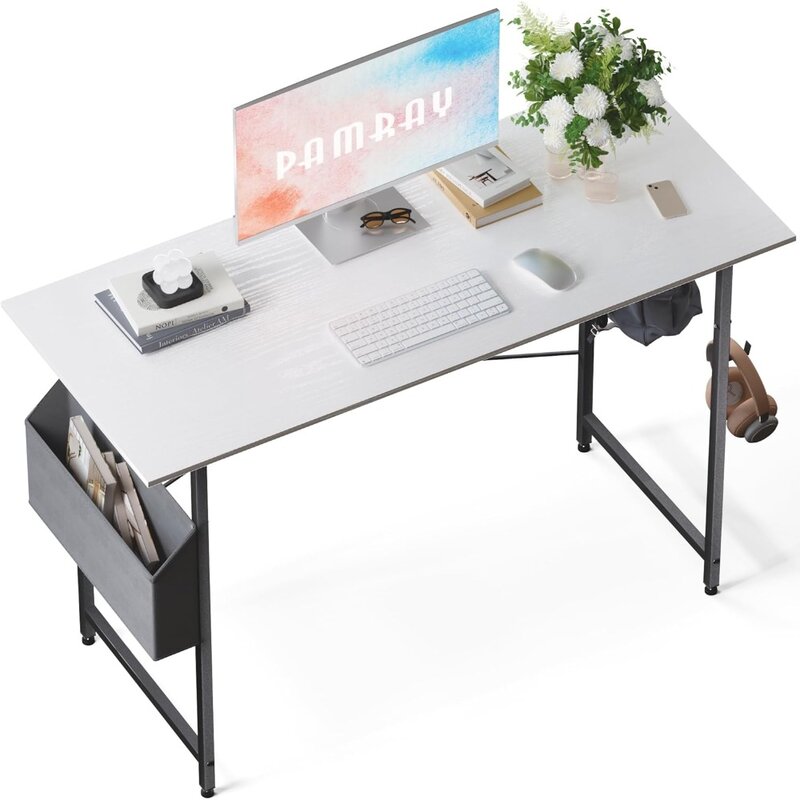 Mesa do computador com saco de armazenamento para pequenos espaços, Home Office Work Desk com fone de ouvido gancho, 47"