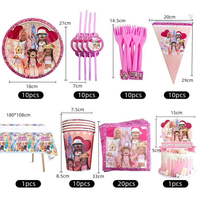 핑크 Robloxed 테마 생일 파티 장식 일회용 식기 풍선 플레이트 컵 냅킨 식탁보, 어린이 소녀 베이비 샤워용