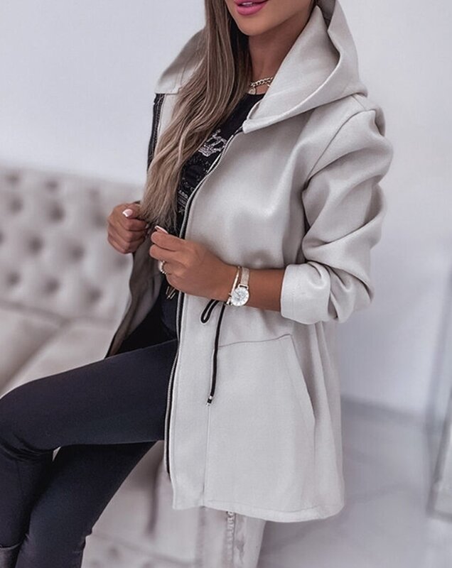 Женское повседневное пальто на молнии, элегантное пальто с капюшоном на завязках и карманами, Осень-зима 2023