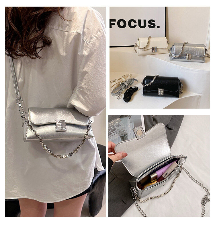 Bolsa de ombro casual feminina com corrente de metal, bolsa de moda, designer de luxo PU, tiracolo, Lady, 2024