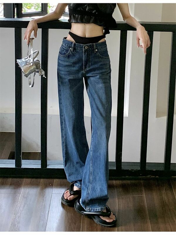 Jeans pinggang tinggi Bikini Splicing musim panas Harajuku celana panjang seksi kaki lurus celana kaki lebar ramping kepribadian longgar Jeans wanita