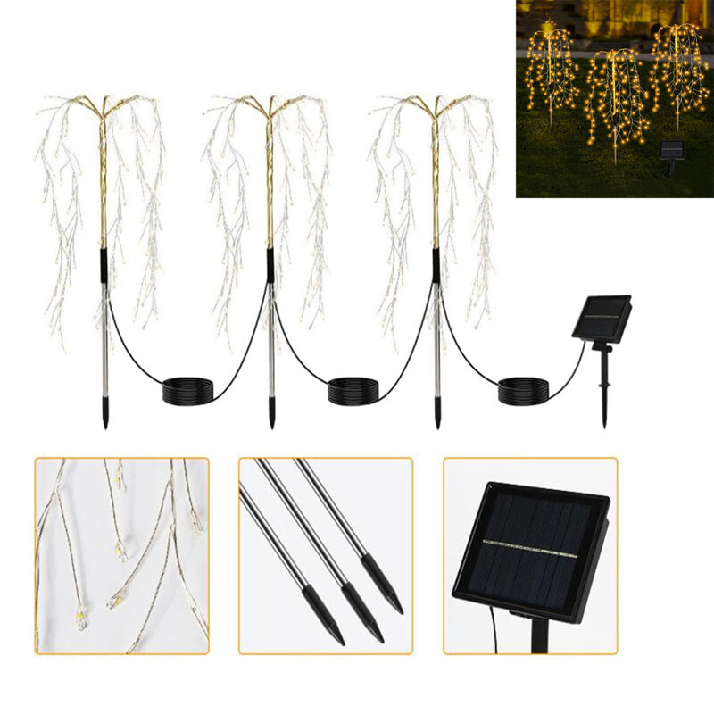 Solar Garden Lights 3 Lighting Modes 300LEDs Swaying Little Willow Tree Light Waterproof Flexible Copper Wire Lamp For Yard Path
