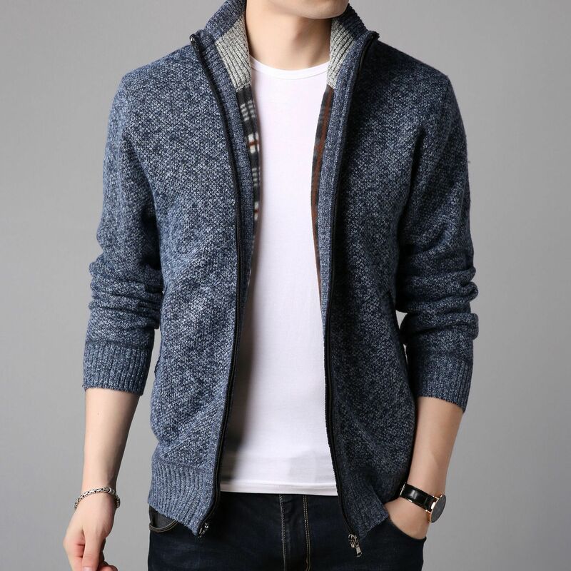 Men's Knitted Sweater Coats, Stand Collar, Cardigan, Full Zipper Jackets, Solid Color, Male Casual Outerwear, Autumn, Winter
