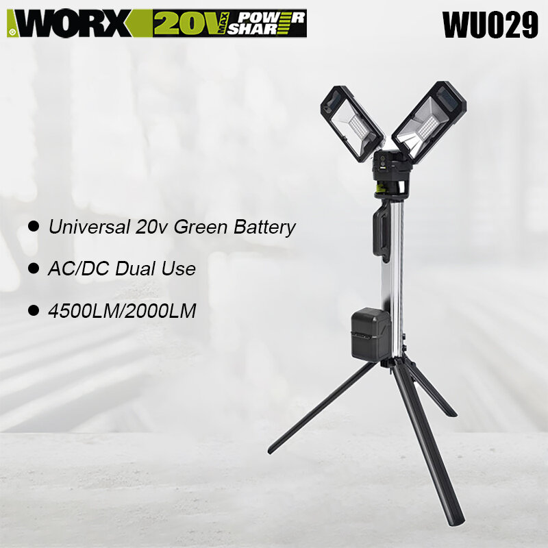 Worx-WU029 Lâmpada de trabalho sem fio, holofotes portáteis, AC DC dupla utilização, 4500LM, telescópico Ajustar, Storage Share, 20V, 5Pin Verde Bateria