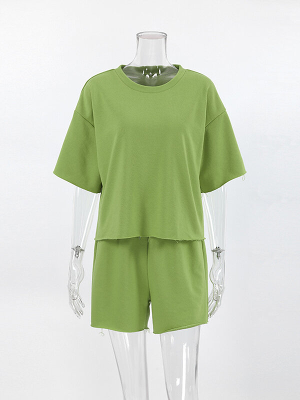 Marthaqiqi-Camisolas femininas casuais com o pescoço, pijamas de meia manga, shorts de cintura alta, roupas soltas, terno de 2 peças
