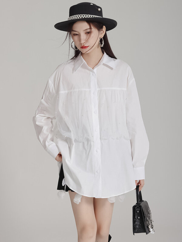 Женская рубашка с длинным рукавом EAM, черно-белая Элегантная блузка с отложным воротником, большие размеры, весна-осень 2024