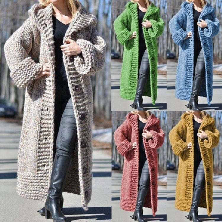 VOLALO Thick Warm Cardigan Women 2024 Fall Winter Hooded Oversized Sweaters Knitted Coats Loose Long Overcoats Knitwear