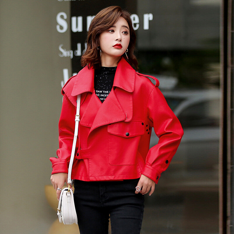 Jaket kulit PU kasual Korea wanita, mantel pendek ramping longgar kerah jas kualitas tinggi musim gugur dan dingin 2024