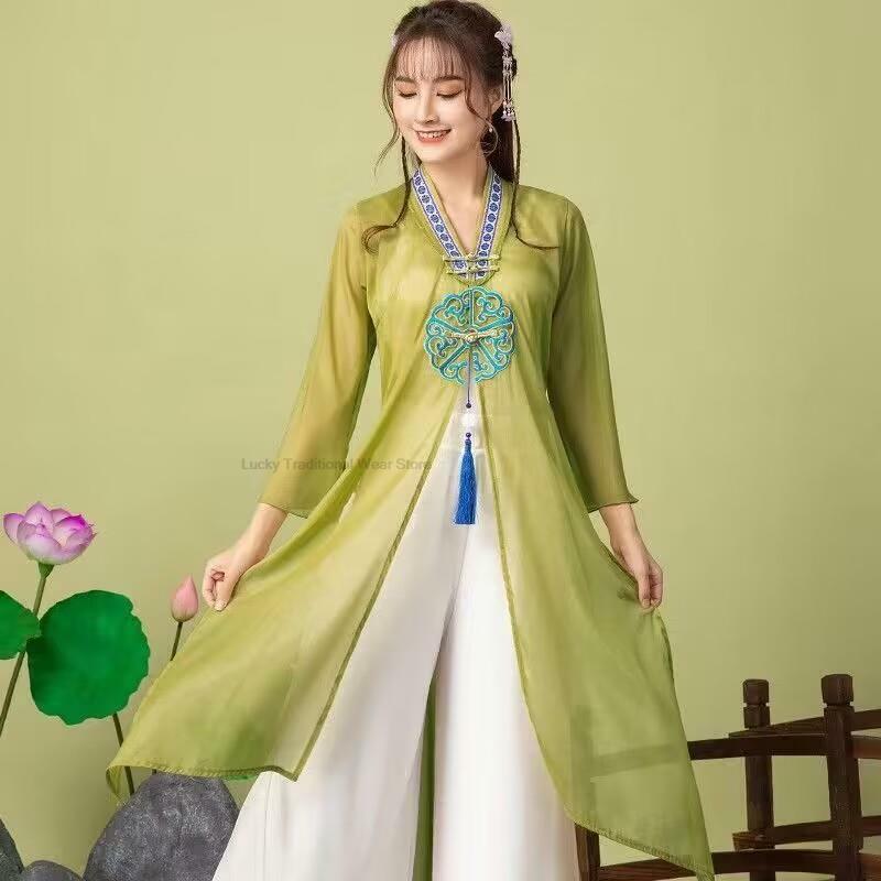 Vestido Hanfu de gasa tradicional chino para mujer, traje de Baile Folclórico Floral elegante, vestido de actuación en escenario, vestido de baile folclórico chino