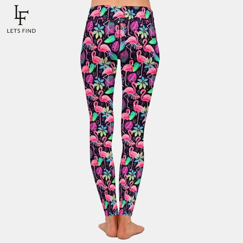 Letsfind alta quaility 3d flamingos e folhas de seda leite impressão digital fitness leggins cintura alta estiramento leggins completo