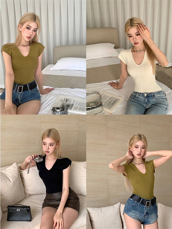 Sexy V-Neck Short Sleeve T Shirt Women Summer Casual Holiday Knit Tops Solid Color Casual All-Match Street Vintage T-Shirts