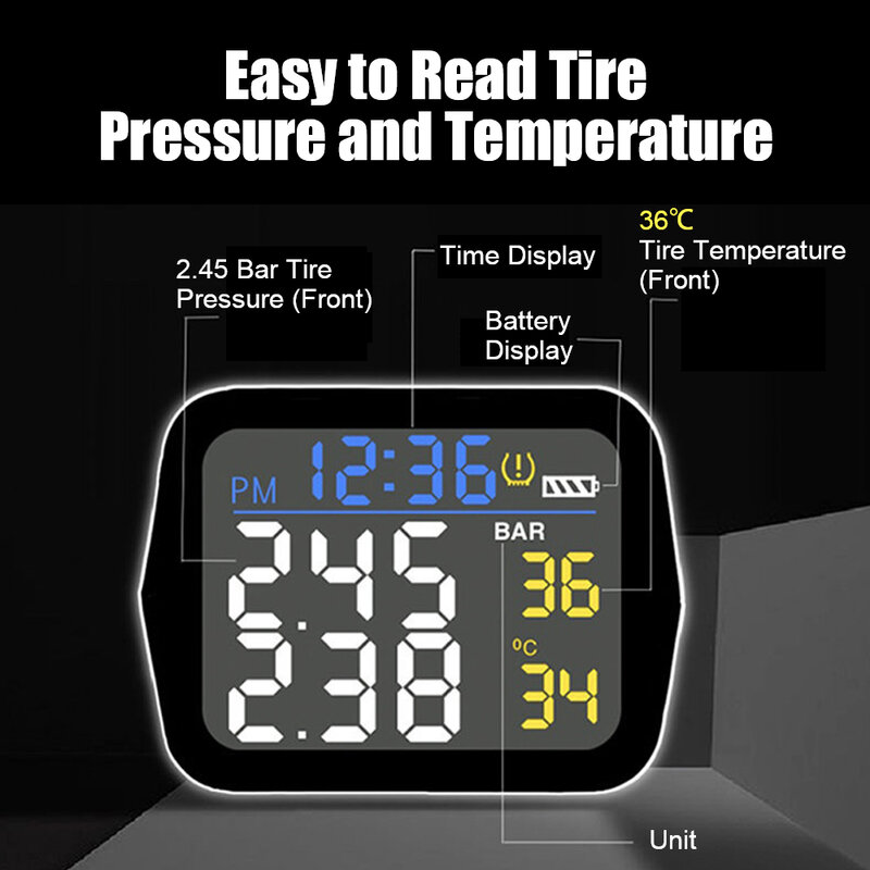 Motorcycle Tire Pressure Monitoring System, Tyre Tester Alarme, Teste Digital, LCD colorido, TPMS, 2 Sensores, Moto Acessórios