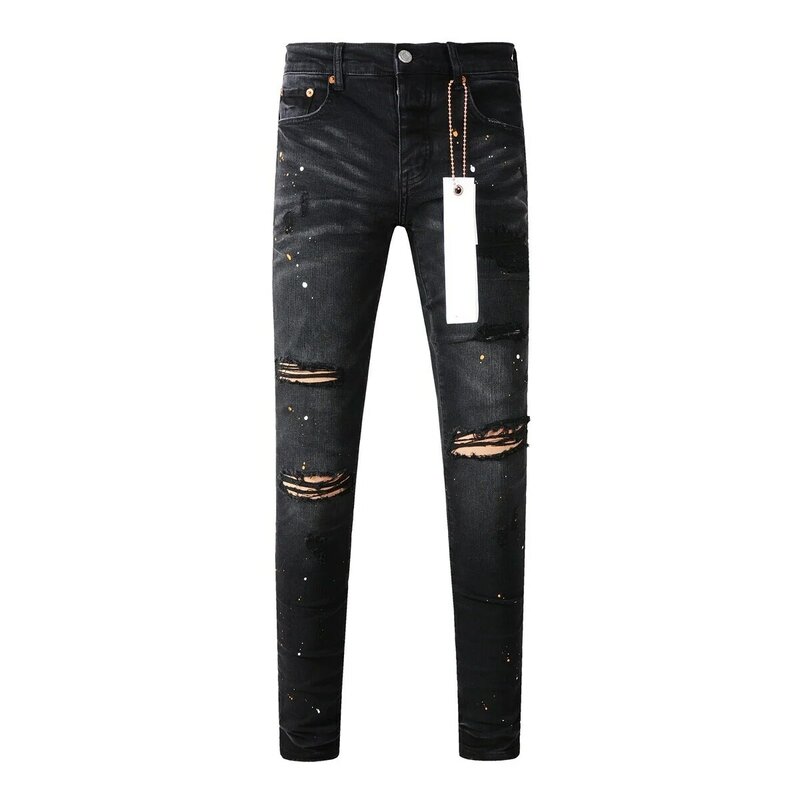 Jeans de marca American High Street, Jeans negros con agujeros de pintura, nueva tendencia de moda, alta calidad, 9045, 2024