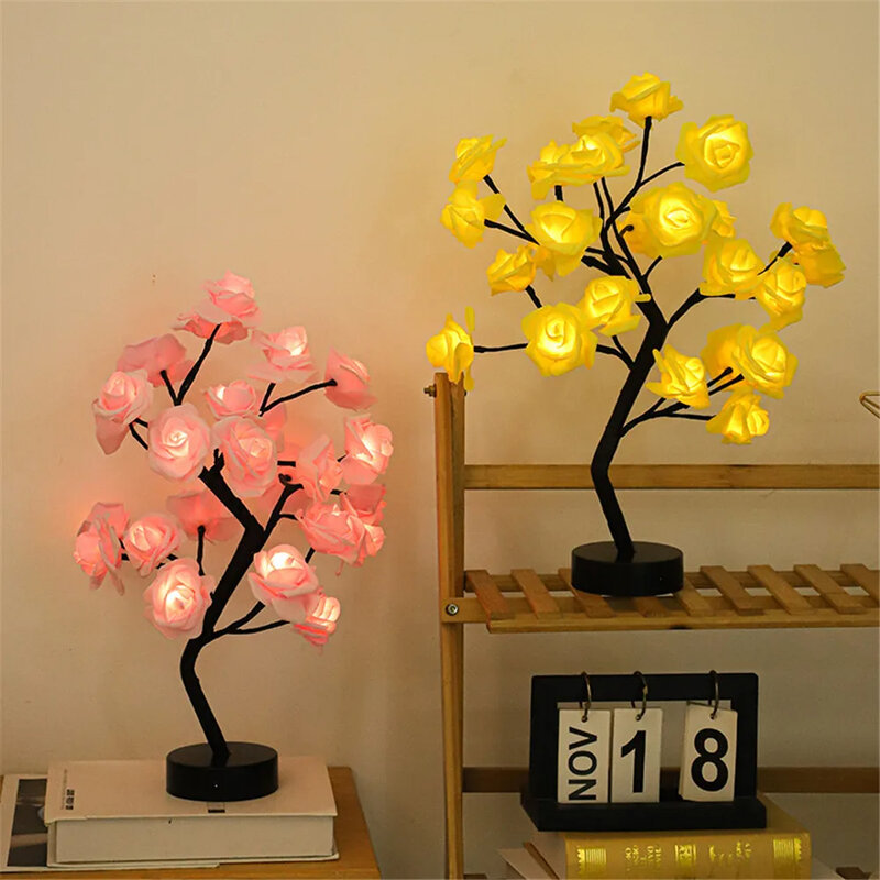 Lámpara LED de mesa de flores rosas, luces de hadas de árbol de Navidad USB, luces nocturnas, decoración de dormitorio de boda, Fiesta en casa, regalo del Día de la madre