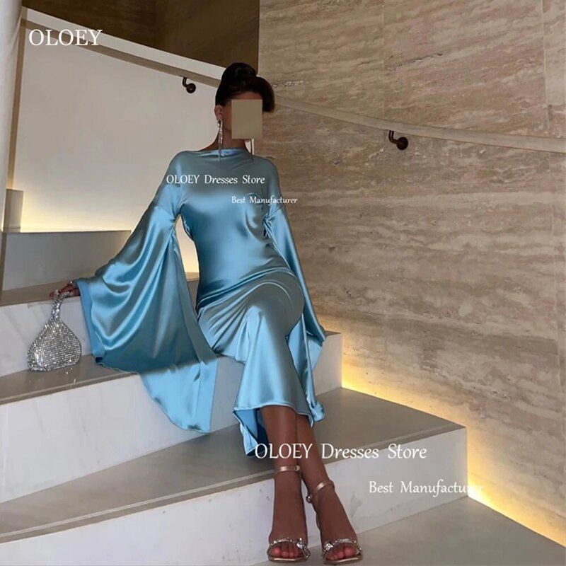 OLOEY Simple Light Blue Silk Satin Evening Party Dresses Flare Long Sleeves Bateau Neck Arabic Women Prom Dress Event Formal