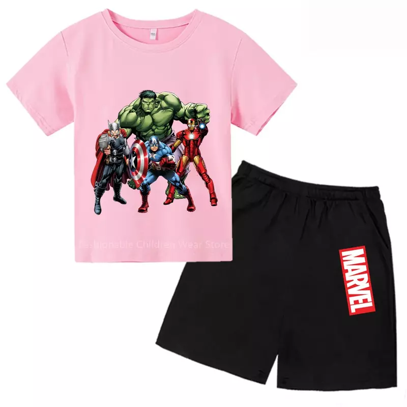 Camiseta e shorts dos desenhos animados da Marvel Avengers para crianças, elegante e legal para meninos e meninas, lazer ao ar livre, verão