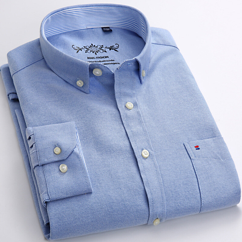 Мужская Повседневная рубашка из ткани Оксфорд, плотная Рабочая Рубашка с длинными рукавами, заплатками спереди и воротником на пуговицах, Стандартный крой