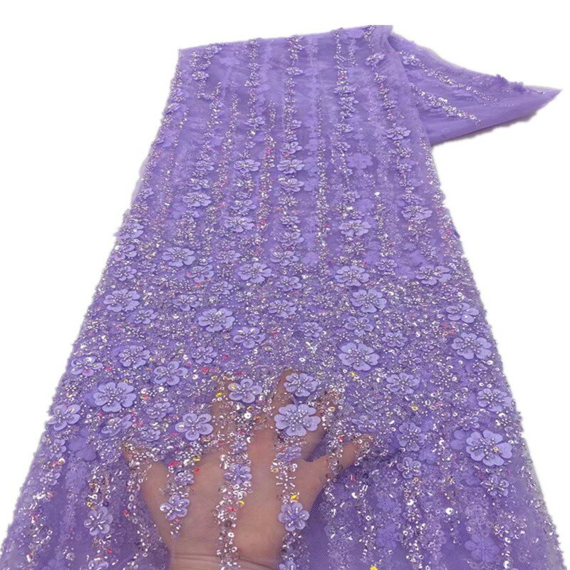 Tecido de malha bordado de lantejoulas frisado, tridimensional flor grânulo, trabalho pesado, laço vestido de casamento