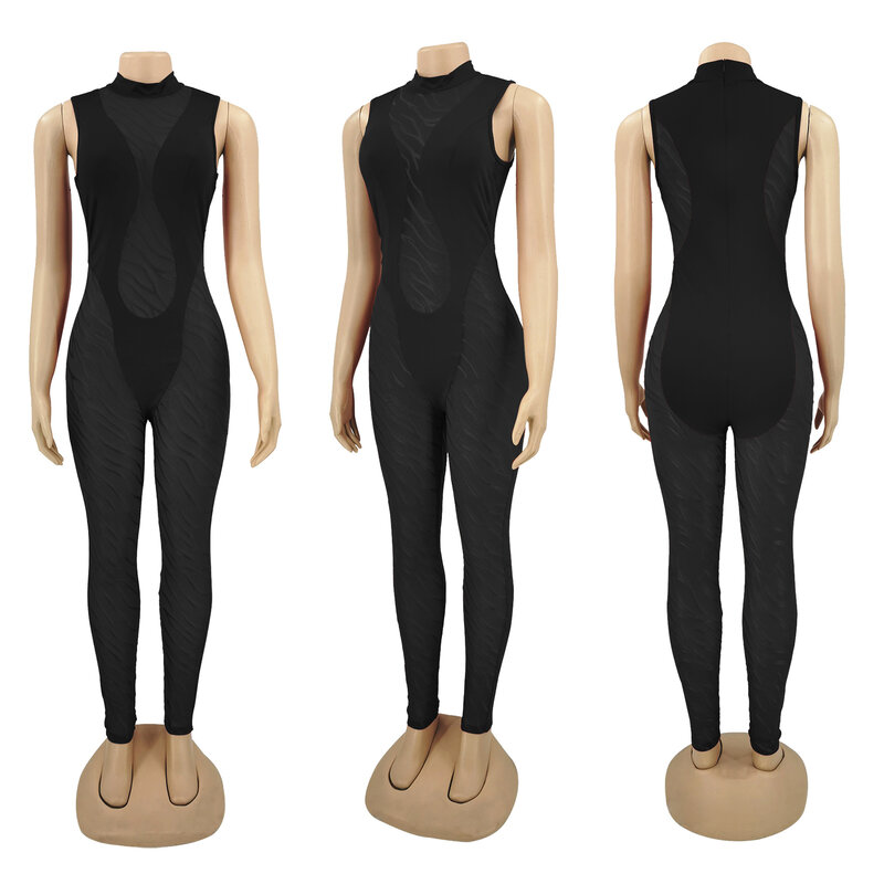 BKLD Clothes For Women Mesh Stitching Sexy Perspective Turtleneck Sleeveless Bodycon Jumpsuit One Pieces Nightclub Outfit