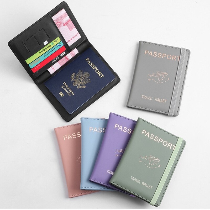 Dompet paspor bergaya dengan banyak slot kartu dompet pemblokir Wanita Pria PU pemegang dokumen perjalanan penutup pelindung paspor