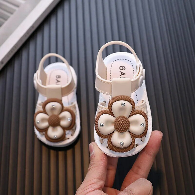 Summer Flowers PVC Children Sandals Princess Anti Slip Toddler Kids Beach Shoes Soft Button Baby Girls Flat Sandals