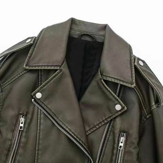 Jaqueta de couro lavada com cinto para mulheres, casaco curto, lapela vintage, zíper rebaixado, 2024