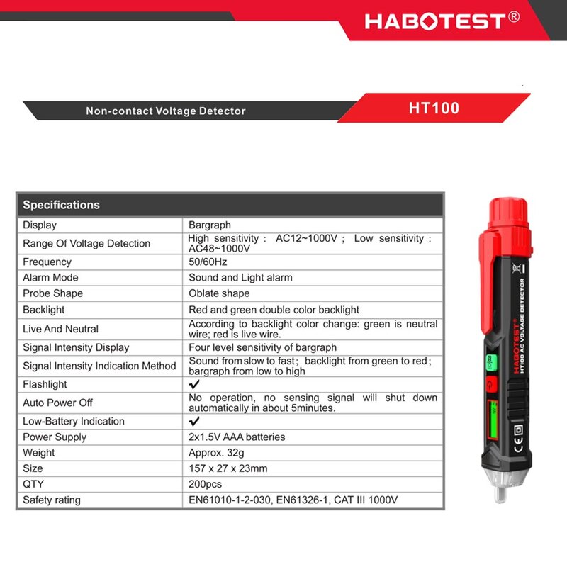 Бесконтактный детектор напряжения HABOTEST HT100 NCV, тестер 12-1000 В для электромонтажных работ, 1 шт.