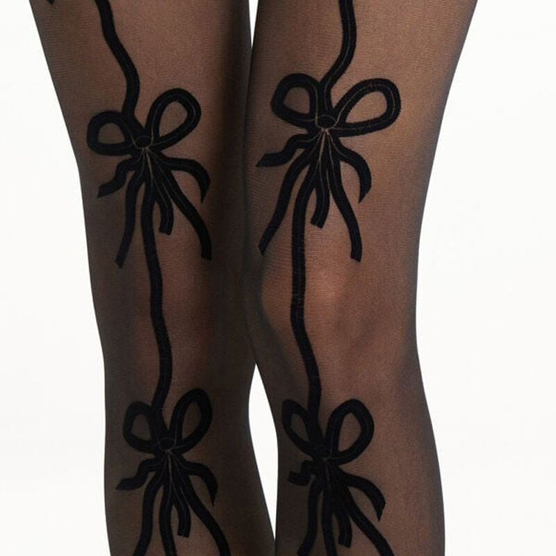 Women Bow Tights Pattern Mesh Fishnet Sheer Stockings Footed High Waisted Pantyhose Y2k Kawaii Long Socks